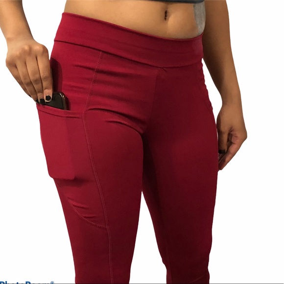 Leggings RED Fitness Yoga Casual Mid Waist Skinny with Side Pockets Size L - Picture 5 of 9